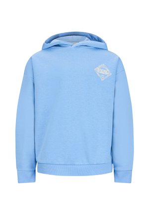 Hellblauer Hoodie mit langen Ärmeln, gerippten Bündchen und Saum, mit einem kleinen weißen, diamantförmigen Logo auf der linken Brust.