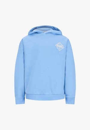 Jasnoniebieska bluza z kapturem o długich rękawach, z prążkowanymi mankietami i dołem, z małym białym logo w kształcie diamentu na lewej piersi.