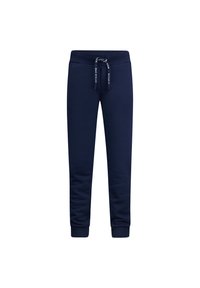 Navyblaue Sweatpants aus einem weichen Stoff, ausgestattet mit einem elastischen Bund mit Kordelzug, gerippten Bündchen und ohne sichtbare Muster.