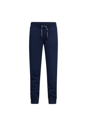 Navyblaue Sweatpants aus einem weichen Stoff, ausgestattet mit einem elastischen Bund mit Kordelzug, gerippten Bündchen und ohne sichtbare Muster.