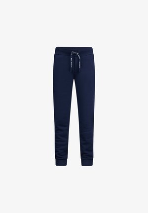 Navyblaue Sweatpants aus einem weichen Stoff, ausgestattet mit einem elastischen Bund mit Kordelzug, gerippten Bündchen und ohne sichtbare Muster.