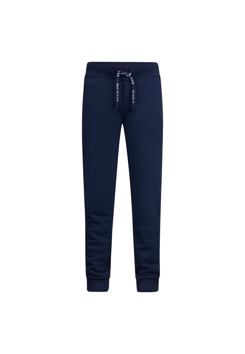 Navyblaue Sweatpants aus einem weichen Stoff, ausgestattet mit einem elastischen Bund mit Kordelzug, gerippten Bündchen und ohne sichtbare Muster.