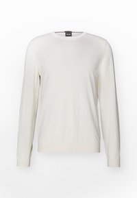 Maglione beige chiaro realizzato in tessuto a maglia. Presenta un collo rotondo, maniche lunghe e polsini e orlo a coste. Design semplice.