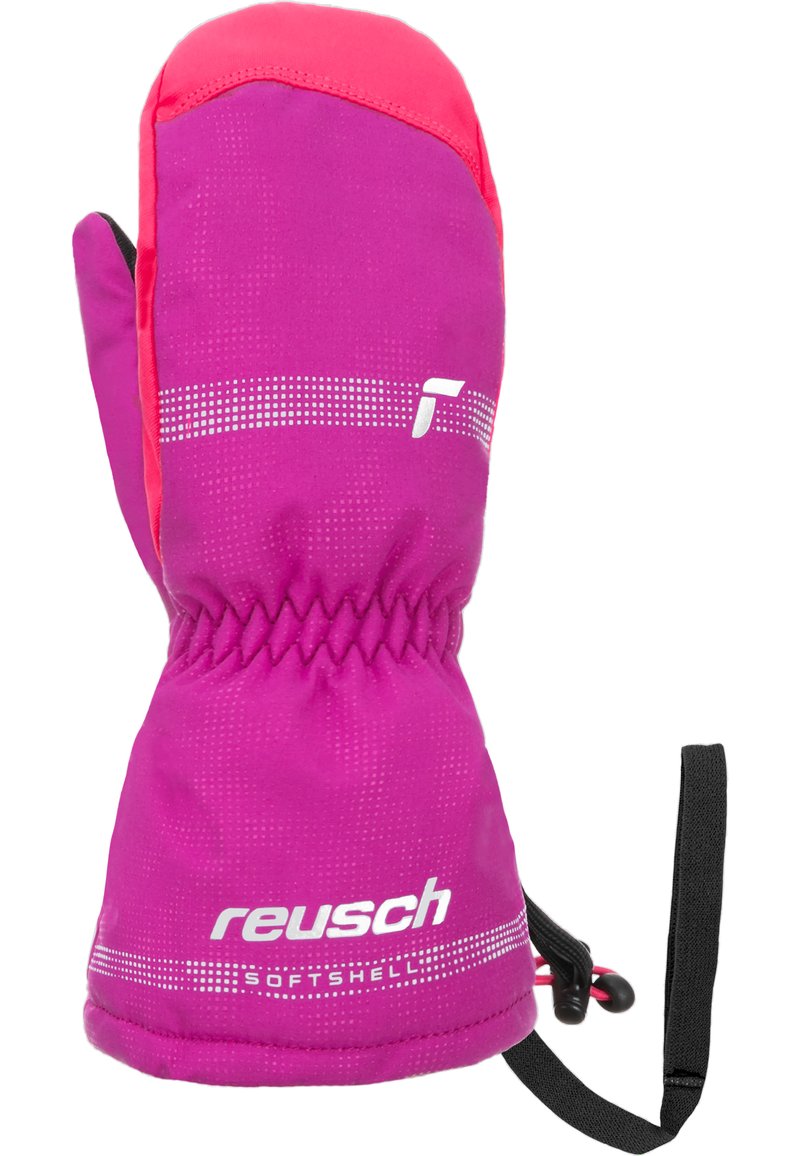 Rosa Softshell-Handschuhe mit gerafftem Handgelenk, ausgestattet mit weißem Branding und gepunkteten Mustern. Enthält einen verstellbaren Riemen für eine sichere Passform.