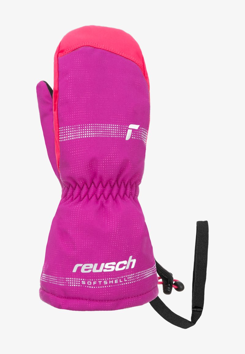 Rosa Softshell-Handschuhe mit gerafftem Handgelenk, ausgestattet mit weißem Branding und gepunkteten Mustern. Enthält einen verstellbaren Riemen für eine sichere Passform.