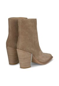 Bottines en daim marron avec un bout pointu et un talon empilé rayé. Texture lisse, design minimaliste et sans matériel visible.