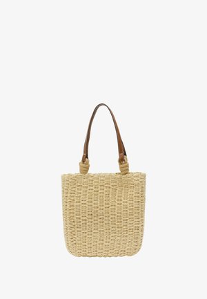 Woven straw bag with a rectangular shape, natural beige color, and brown leather handles, featuring knotted accents at the attachment points.
