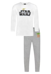 Maglietta bianca a maniche lunghe con logo "STAR WARS" e stampa di personaggi verdi; leggings grigi con stampa di personaggi sulla coscia; materiale in cotone morbido.