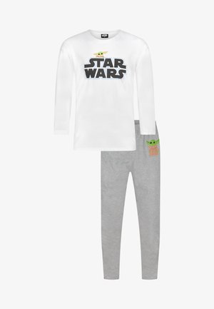 Witte longsleeve top met "STAR WARS" logo en groene karakterprint; grijze leggings met karakterprint op de dij; zachte katoen stof.