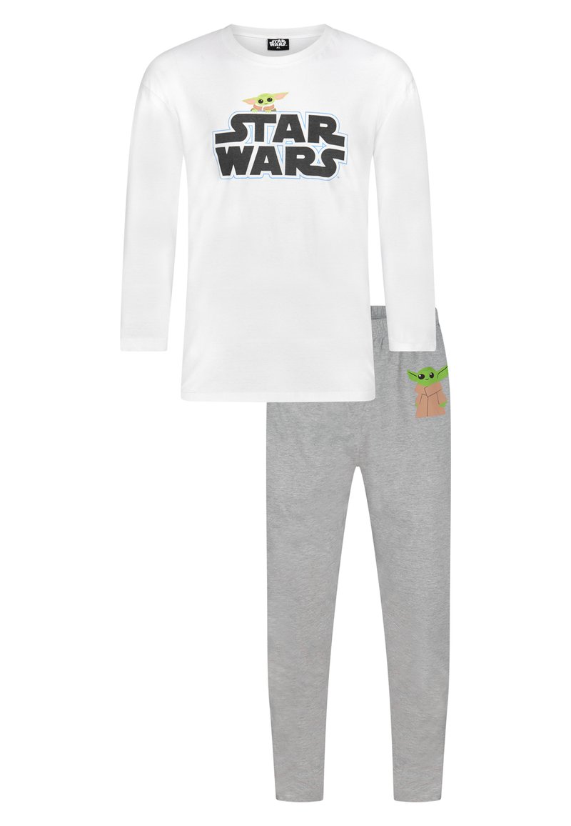 Maglietta bianca a maniche lunghe con logo "STAR WARS" e stampa di personaggi verdi; leggings grigi con stampa di personaggi sulla coscia; materiale in cotone morbido.