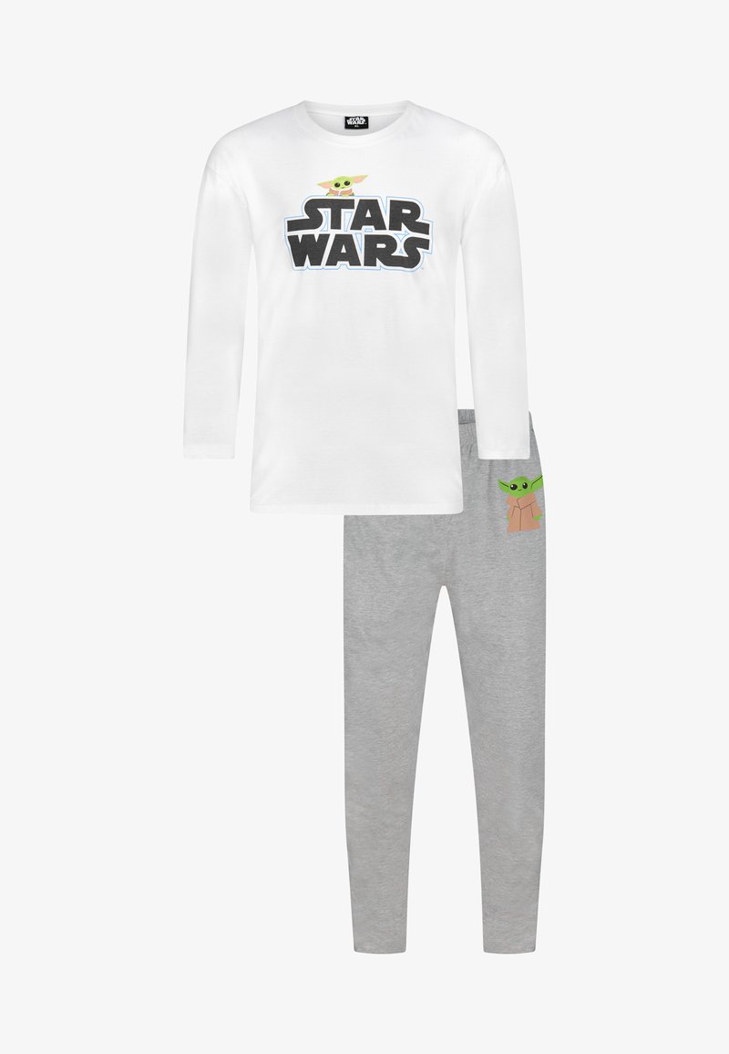 Camiseta blanca de manga larga con el logo de "STAR WARS" y estampado del personaje en verde; leggings grises con estampado del personaje en el muslo; material de algodón suave.