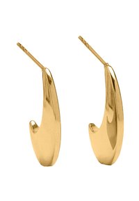 Kolczyki z metalowym, złotym wykończeniem o płynnym, zakrzywionym kształcie. Gładka powierzchnia z polerowanym wykończeniem. Wyposażone w zawiasowe zapięcie zapewniające pewne noszenie.