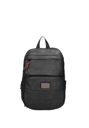 Zaino in pelle nera con due scomparti con zip e un piccolo tiralampo in pelle marrone sulla tasca superiore.