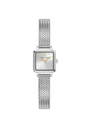 Silberne Armbanduhr mit quadratischem Zifferblatt, goldenen Stundenmarkierungen und Zeigern sowie einem strukturierten Metall-Mesh-Armband.