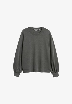 Donkergrijze sweatshirt met lange mouwen en ronde halslijn, met gerimpelde manchetten, plat gelegd op een witte achtergrond.