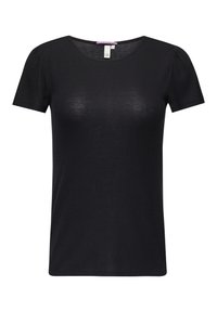 Schwarzes kurzärmeliges T-Shirt aus geripptem Stoff, mit rundem Halsausschnitt und leicht puffierten Ärmeln für zusätzliche Details. Größenetikett sichtbar.