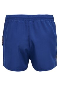 Blå sportshorts i smidig tyg med elastisk midja, med sidofickor och ett mönstrat accent på högra sidan.