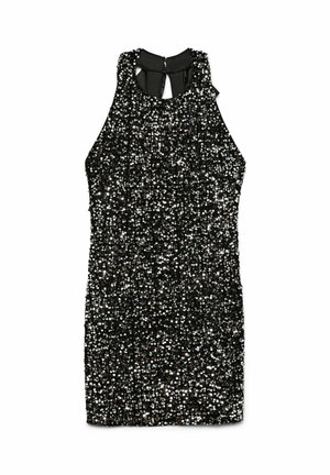 Črna obleka s sekvini z visokim ovratnikom, brezrokavnim dizajnom in ključavnico na hrbtu. Tekstura je sijajna in prekrita z reflektivnimi sekvini.