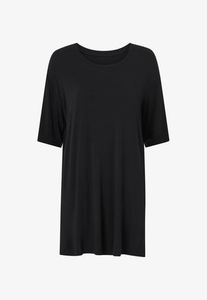 Zwarte T-shirt met korte mouwen en een ronde halslijn, gemaakt van een zachte stof. Losse pasvorm, minimalistisch design, geen zichtbare patronen of accenten.