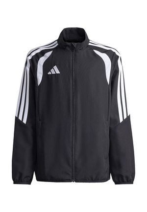 Sort sportjakke med fuld lynlås og hvide striber på ærmer og skuldre, med ståkrave og Adidas-logo på brystet.