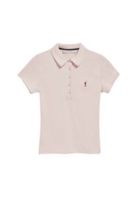 Ljusrosa bomullspolo med klassisk krage, korta ärmar och treknappars placket, med en liten broderad logotyp i vinröd.