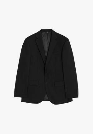 Blazer nero con design a un petto, rever a punta, due tasche frontali e polsini abbottonati. Tessuto liscio e vestibilità sagomata.