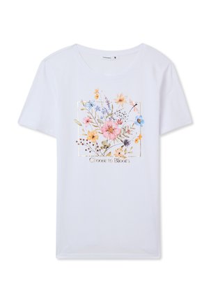 T-shirt bianco in cotone con stampa floreale in rosa, blu e giallo, con il testo "Scegli di Fiorire" in oro. Collo rotondo e maniche corte.