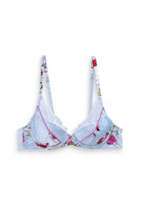 Bra blu con motivo floreale, rifinito in pizzo, con spalline regolabili e accenti rosa. Presenta coppe triangolari e una texture di tessuto liscia.
