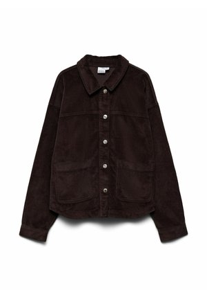 Veste en velours côtelé marron avec col chemise, fermeture à boutons, deux poches avant et coupe décontractée. Tissu texturé avec motif côtelé.