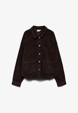 Brown corduroy jacket with a shirt collar, button closure, two front pockets, and a relaxed fit. Textured fabric with ribbed pattern.