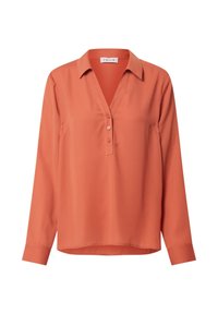 Langärmliges Hemd in burnt orange, aus glattem Stoff gefertigt. Verfügt über einen Reverskragen, eine Knopfleiste mit drei Knöpfen und eine einzelne Brusttasche.