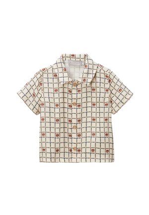 T-shirt beige à manches courtes pour bébé avec un motif en quadrillage noir et de petites têtes d'ours en brun, boutons en bois et col.