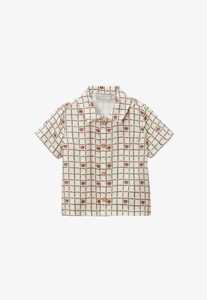 T-shirt beige à manches courtes pour bébé avec un motif en quadrillage noir et de petites têtes d'ours en brun, boutons en bois et col.