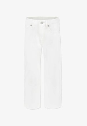 Jeans in denim bianco con design a gamba dritta, cinque tasche, chiusura con bottone metallico e dettagli di cucitura discreti. Texture liscia e aspetto fresco.