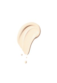 Beige cream formula with a smooth, glossy texture, featuring soft swirls and drips on a white background.