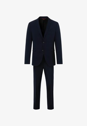 Marineblauer Anzug, bestehend aus einem taillierten Blazer mit Schalkragen und passenden Hosen, gefertigt aus glattem Stoff und mit zwei Knöpfen.