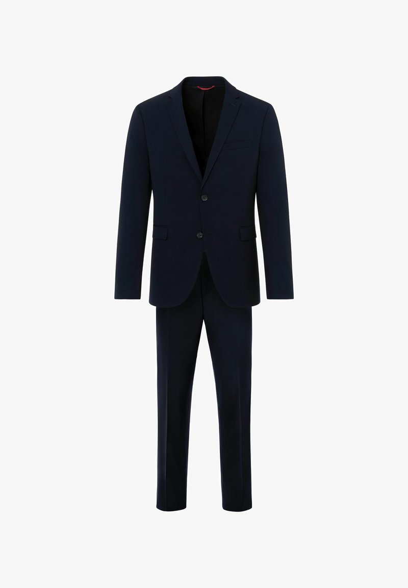Marineblauer Anzug, bestehend aus einem taillierten Blazer mit Schalkragen und passenden Hosen, gefertigt aus glattem Stoff und mit zwei Knöpfen.