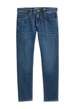 Donkerblauwe denim jeans met een rechte pijp, vijf zakken en zichtbare stiksels langs de naden. Voorzien van een rits en een logo-label.
