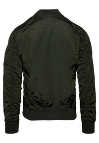 Veste bomber vert foncé avec col, poignets et taille côtelés, vue de dos avec des détails froncés sur les manches.