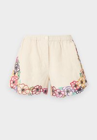 Κρεμ σορτς με ελαστική μέση, κλείσιμο με κουμπί και πολύχρωμα κεντημένα ανθικά σχέδια κατά μήκος του τελειώματος και των πλευρών.