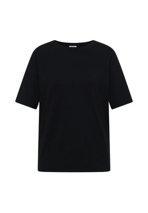 Schwarzes kurzärmeliges T-Shirt mit Rundhalsausschnitt, lockerer Passform, schlichtem Design ohne sichtbare Logos oder Muster.