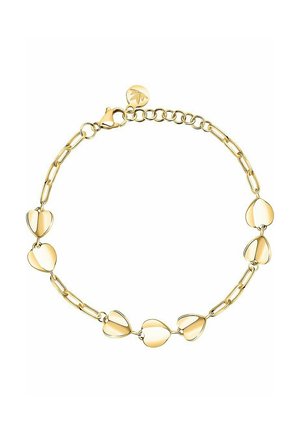 Goldene Armbanduhr mit einem Kettendesign, das abwechselnd herzförmige Glieder und ein kleines Anhängerchen zeigt. Glatte, glänzende Oberfläche mit einem sicheren Verschluss.