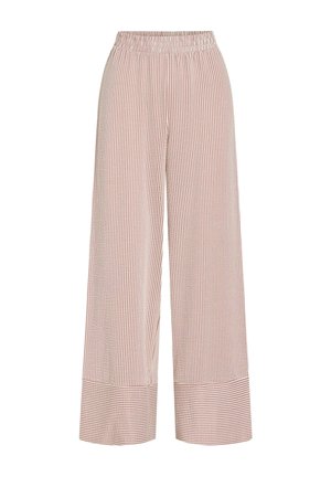 Pantalon à jambes larges avec taille élastique en crème et fines rayures verticales rouges, avec des rayures horizontales aux poignets.
