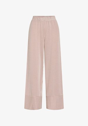 Pantalon à jambes larges avec taille élastique en crème et fines rayures verticales rouges, avec des rayures horizontales aux poignets.