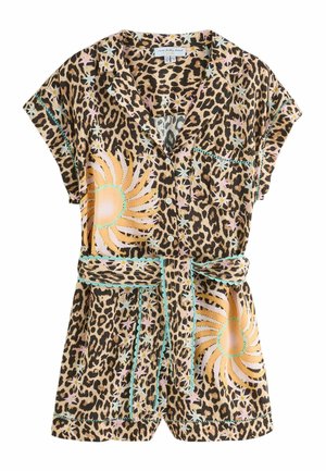 Kortærmet leopardprintet romper med sol- og stjernemønstre, forreste knapper, brystlomme og matchende stofbælte i taljen.