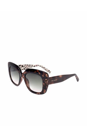 Occhiali da sole a occhi di gatto tartarugati con lenti scure sfumate e aste interne bianche e nere macchiate di Ted Baker.