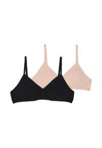 Due top in tessuto morbido con spalline sottili, uno nero davanti e uno beige chiaro dietro, su sfondo bianco.