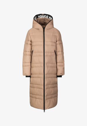 Beige pufferjack met een lange silhoutte, verticale gestikte patronen, een zwarte rits en een capuchon met een logo op de binnenvoering.