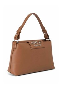 Sac à main en cuir marron avec une forme structurée, une poignée supérieure et une plaque logo en argent portant l'inscription "REPLAY SINCE 1981" à l'avant.