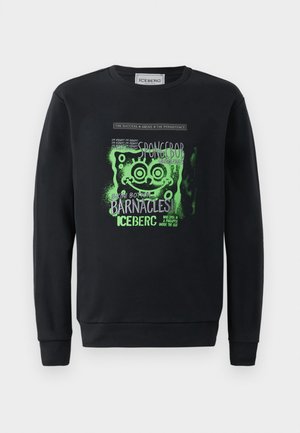 Sort sweatshirt med rund hals, der har et grønt SpongeBob-tryk og tekst. Lange ærmer med ribbede manchetter og kant.